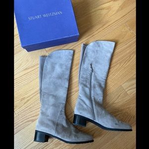Stuart Weitzman Knee-High Beige Suede Boots with Side Zip and Block Heel
